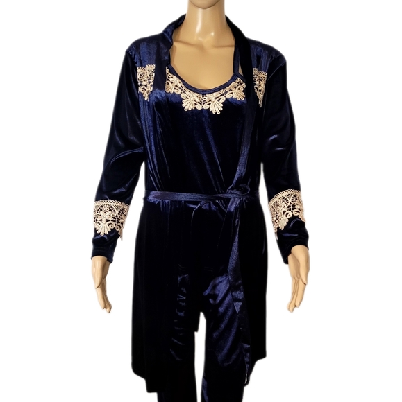 Celine Style Sexy 3 Pieces Pajamas ,Sleepwear Robe Velvet, Blue - Picture 2 of 11